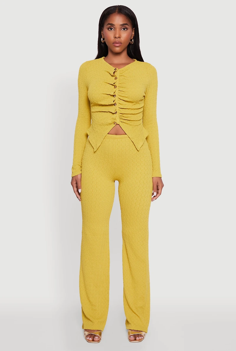 Womens Textured Knit Metallic Button Front Ruched Crop Top, Green, Size S