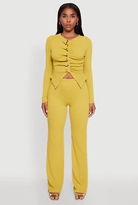 Womens Textured Knit Metallic Button Front Ruched Crop Top, Green, Size S