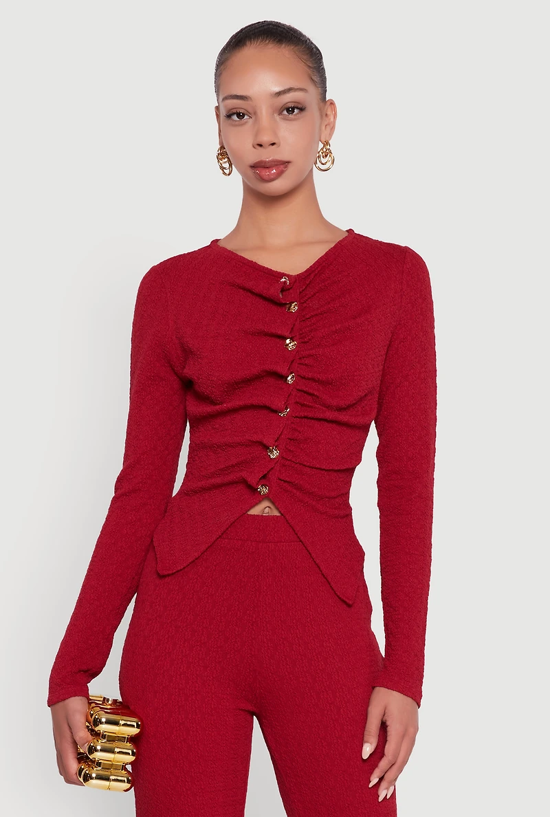 Womens Textured Knit Metallic Button Front Ruched Crop Top, Burgundy,