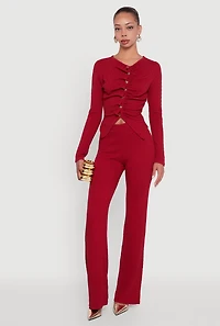 Womens Textured Knit Metallic Button Front Ruched Crop Top, Burgundy,