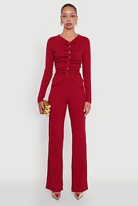 Womens Textured Knit Metallic Button Front Ruched Crop Top, Burgundy,