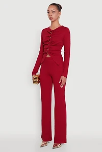 Womens Textured Knit Metallic Button Front Ruched Crop Top, Burgundy,