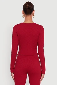 Womens Textured Knit Metallic Button Front Ruched Crop Top, Burgundy,