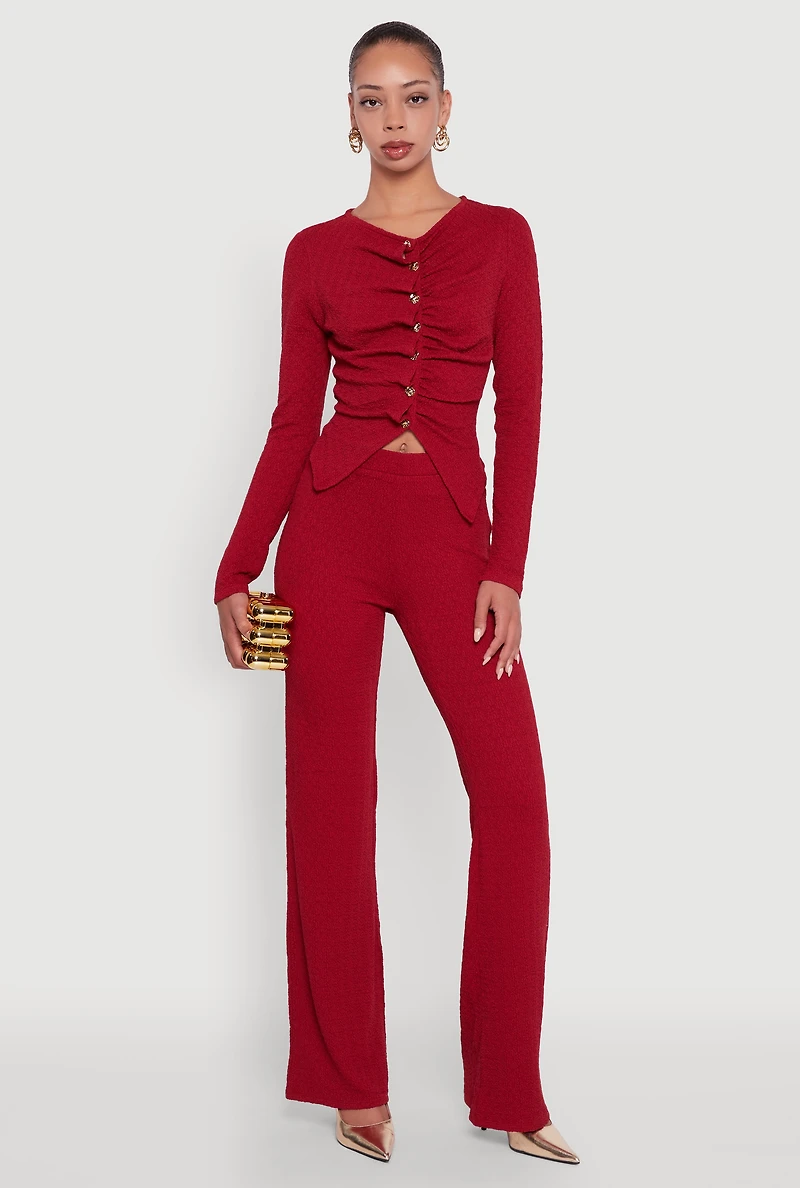 Womens High Waisted Wide Leg Textured Knit Pants, Burgundy, Size XL