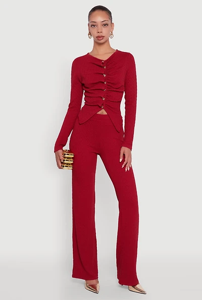 Womens High Waisted Straight Leg Textured Knit Pants, Burgundy, Size L