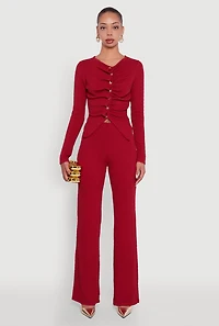 Womens High Waisted Wide Leg Textured Knit Pants, Burgundy, Size L