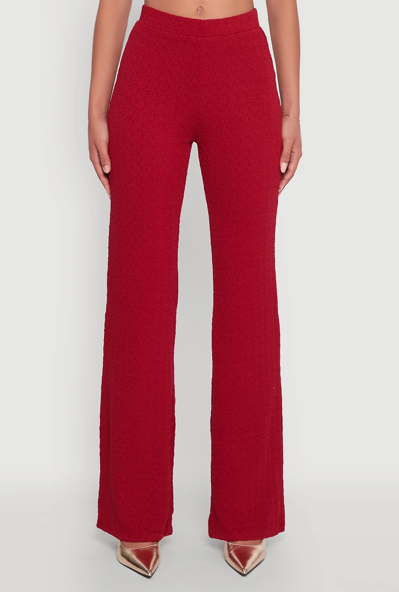 Womens High Waisted Wide Leg Textured Knit Pants, Burgundy, Size L