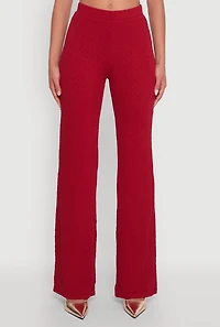 Womens High Waisted Wide Leg Textured Knit Pants, Burgundy, Size L