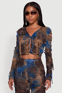 Womens Tie Dye Slashed Tie Front Top, Multi, Size M