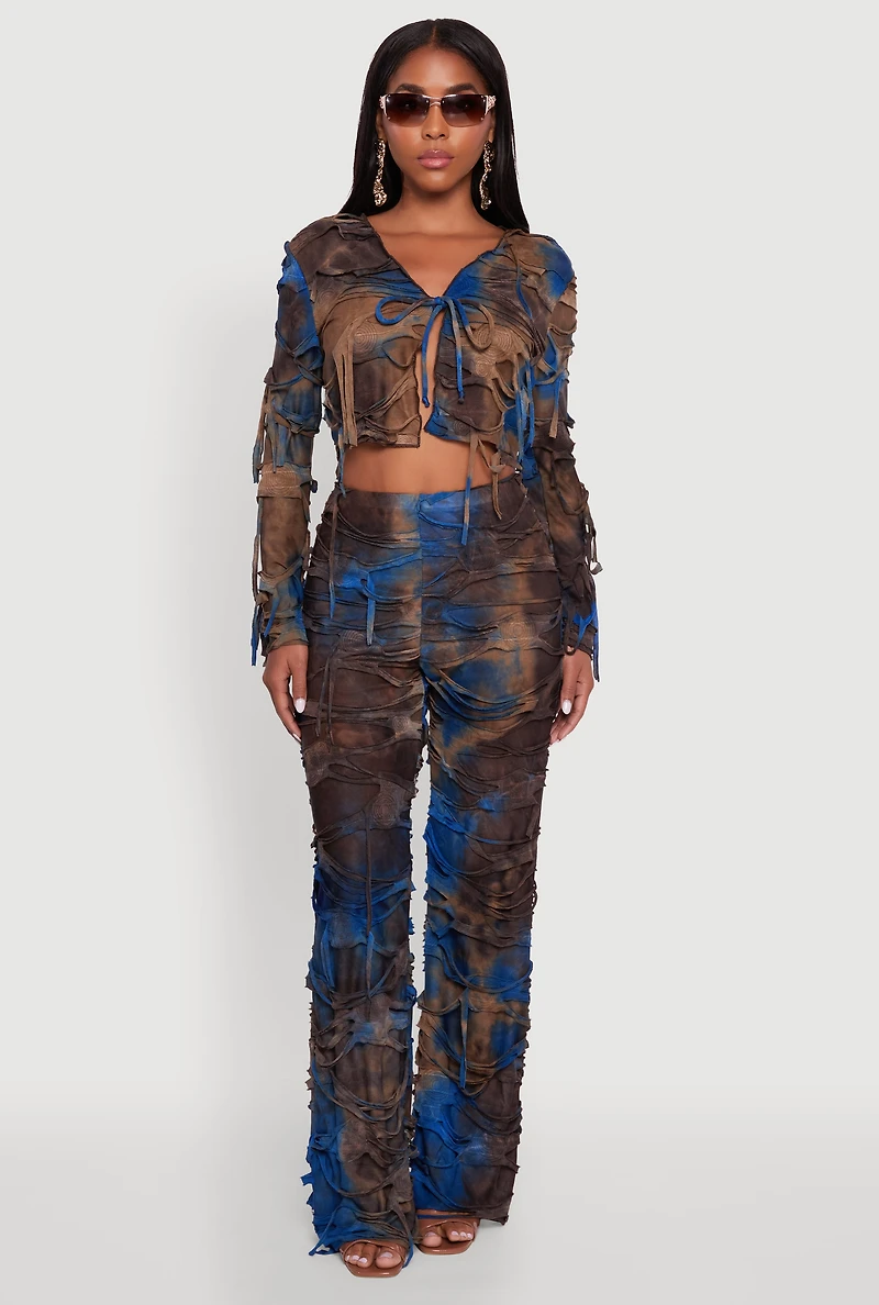 Womens Tie Dye Slashed Tie Front Top, Multi, Size M