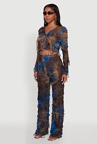 Womens Tie Dye Slashed Tie Front Top, Multi, Size M