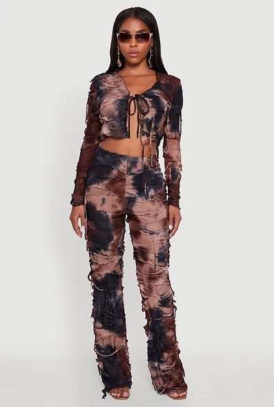 Womens Tie Dye Slashed Straight Leg Pants,
