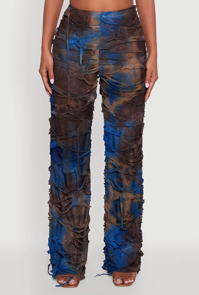 Womens Tie Dye Slashed Straight Leg Pants, Multi,