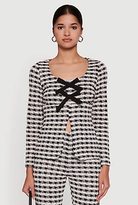 Plaid Tweed Long Sleeve Top with Bows