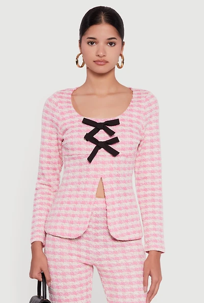 Plaid Tweed Long Sleeve Top with Bows