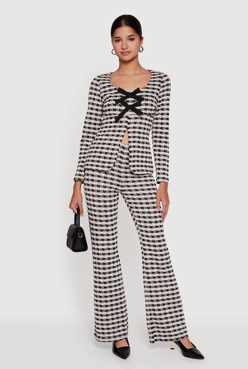 Womens Plaid Tweed High Waisted Flare Dress Pants, Multi, Size L