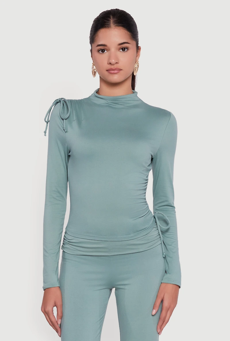 Womens Soft Knit Asymmetrical Drawstring Side Top, Green, Size M