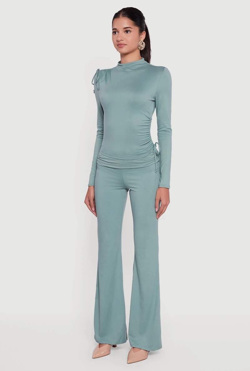 Womens Soft Knit Asymmetrical Drawstring Side Top, Green, Size M