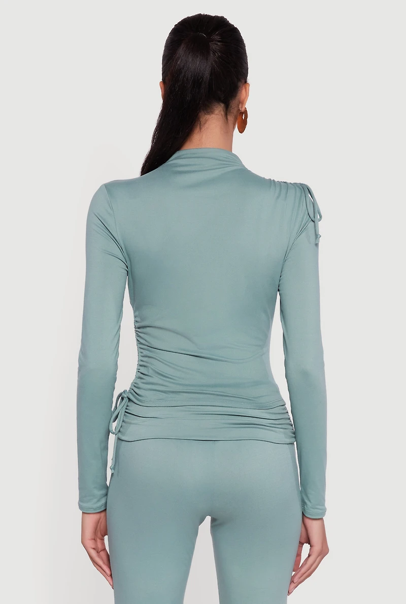 Womens Soft Knit Asymmetrical Drawstring Side Top, Green, Size M