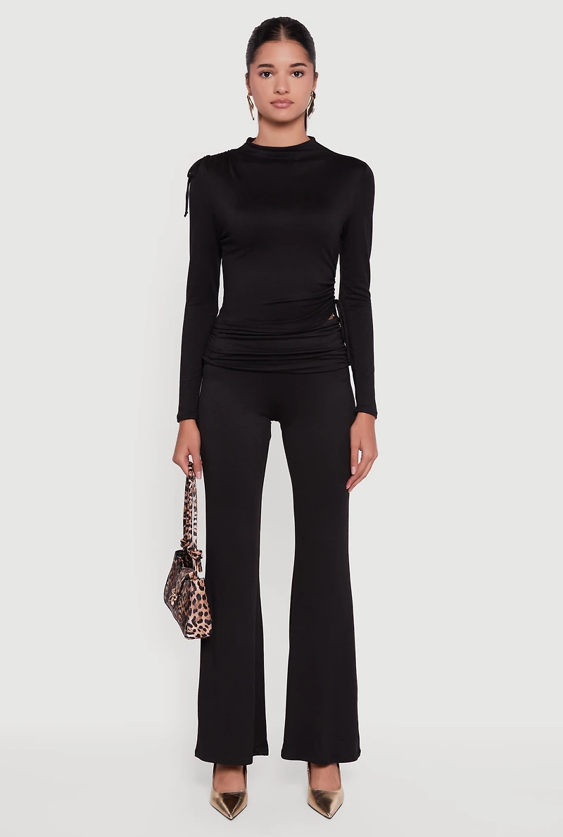 Soft Knit Ruched Fold Over Flare Pants