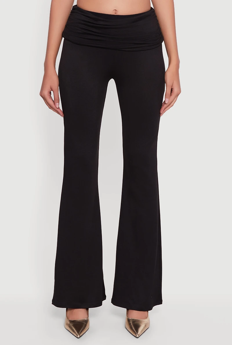 Soft Knit Ruched Fold Over Flare Pants