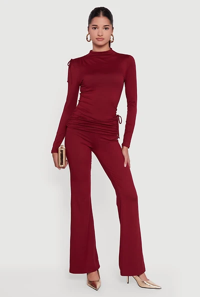 Womens Soft Knit Ruched Fold Over Flare Pants,