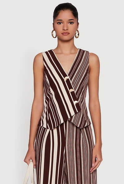 Womens Striped Button Front Wrap Blazer Vest, Brown,