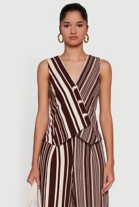 Womens Striped Button Front Wrap Blazer Vest, Brown,