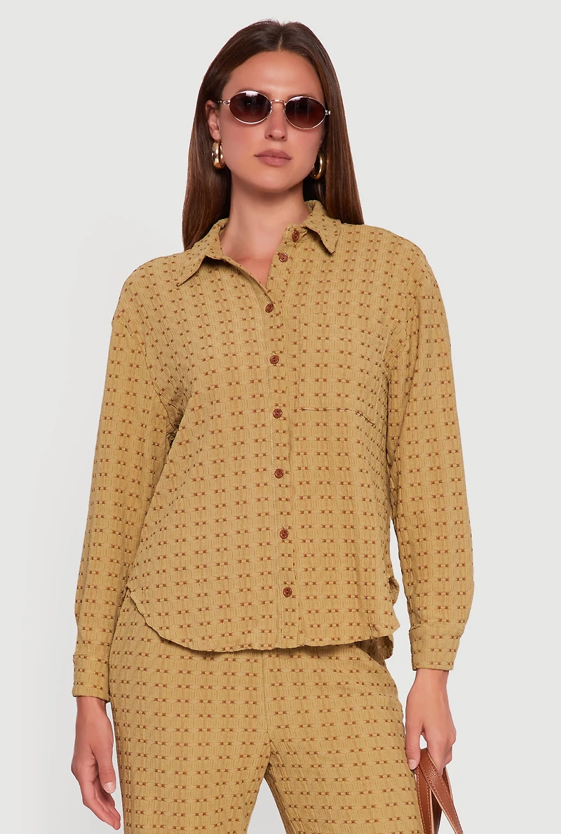 Womens Textured Knit Decorative Stitch Button Front Shirt, Green, Size L