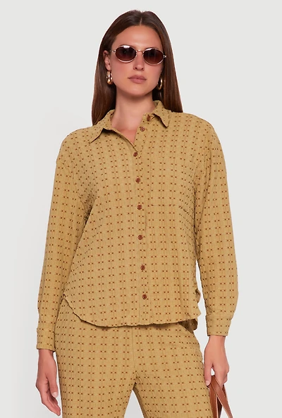 Womens Textured Knit Decorative Stitch Button Front Shirt, Green, Size L