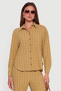 Womens Textured Knit Decorative Stitch Button Front Shirt, Green, Size L