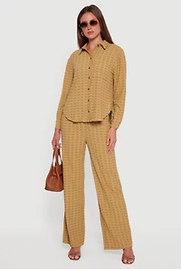 Womens Textured Knit Decorative Stitch Button Front Shirt, Green, Size L
