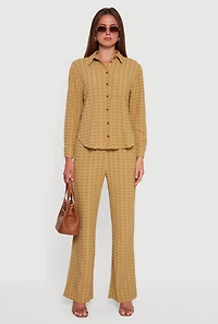 Womens Textured Knit Decorative Stitch Button Front Shirt, Green, Size L