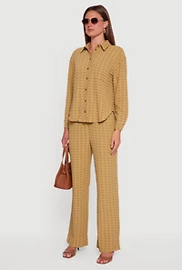 Womens Textured Knit Decorative Stitch Button Front Shirt, Green, Size L