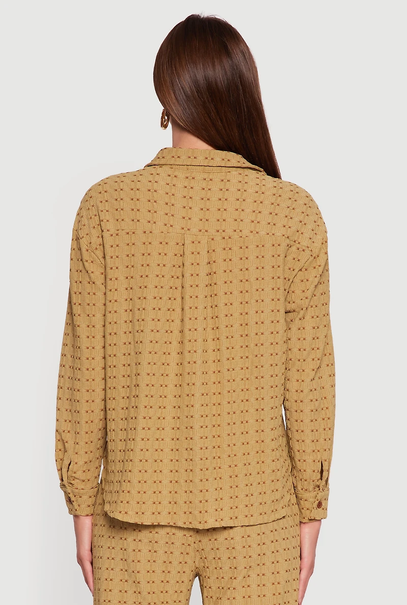 Womens Textured Knit Decorative Stitch Button Front Shirt, Green, Size L