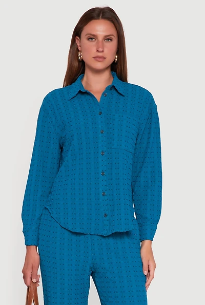 Womens Textured Knit Decorative Stitch Button Front Shirt,