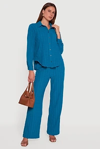 Womens Textured Knit Decorative Stitch Button Front Shirt, Blue, Size L