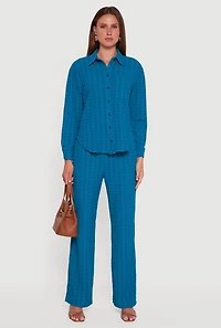Womens Textured Knit Decorative Stitch Button Front Shirt, Blue, Size L