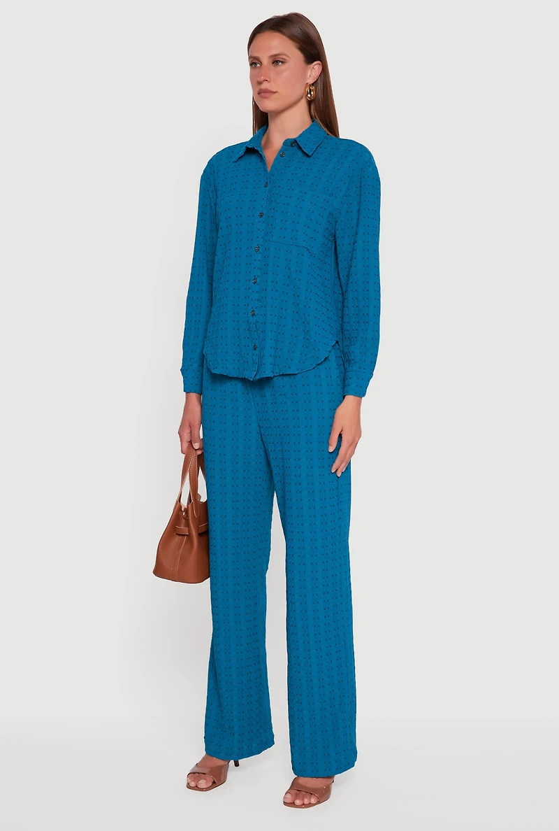 Womens Textured Knit Decorative Stitch Button Front Shirt, Blue, Size L