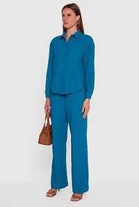 Womens Textured Knit Decorative Stitch Button Front Shirt, Blue, Size L