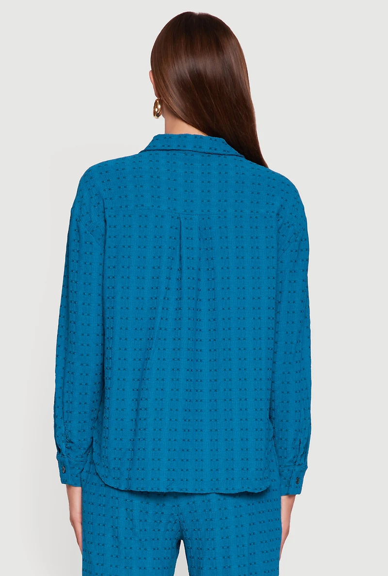 Womens Textured Knit Decorative Stitch Button Front Shirt, Blue, Size L