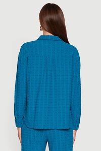 Womens Textured Knit Decorative Stitch Button Front Shirt, Blue, Size L
