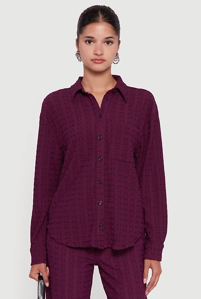 Womens Textured Knit Decorative Stitch Button Front Shirt, Purple,
