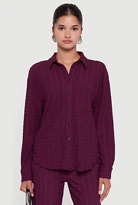 Womens Textured Knit Decorative Stitch Button Front Shirt, Purple, Size XL