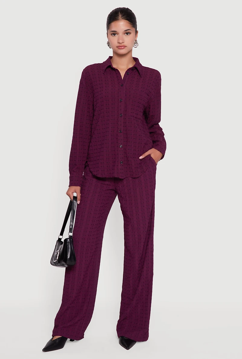 Womens Textured Knit Decorative Stitch Button Front Shirt, Purple, Size XL