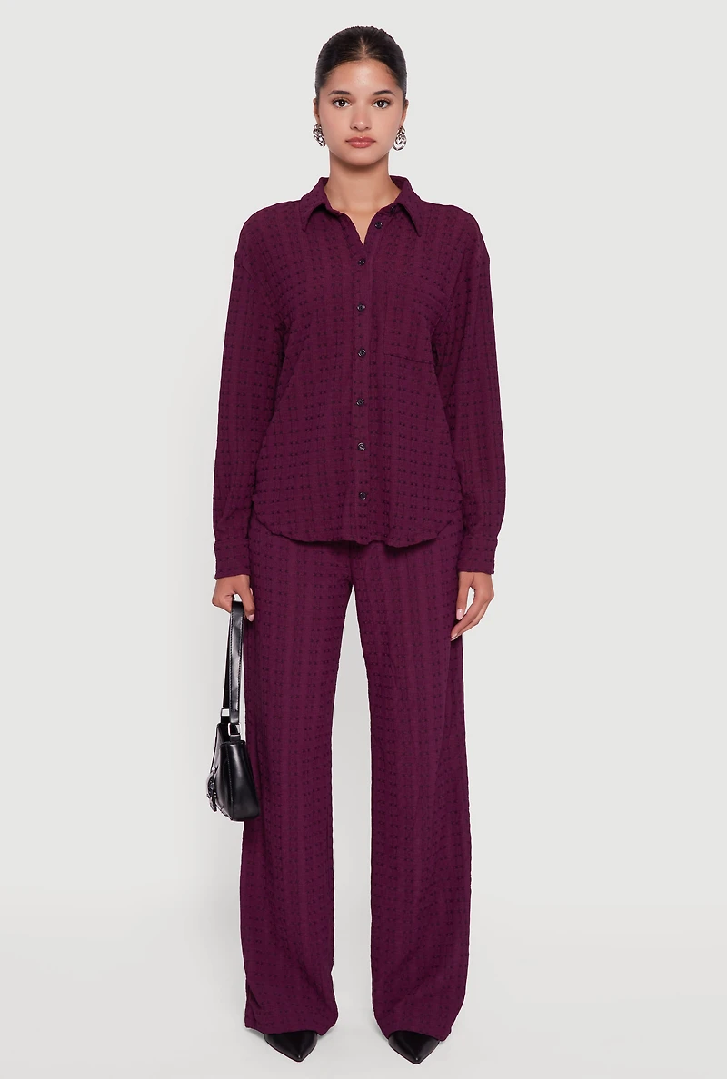 Womens Textured Knit Decorative Stitch Button Front Shirt, Purple, Size XL