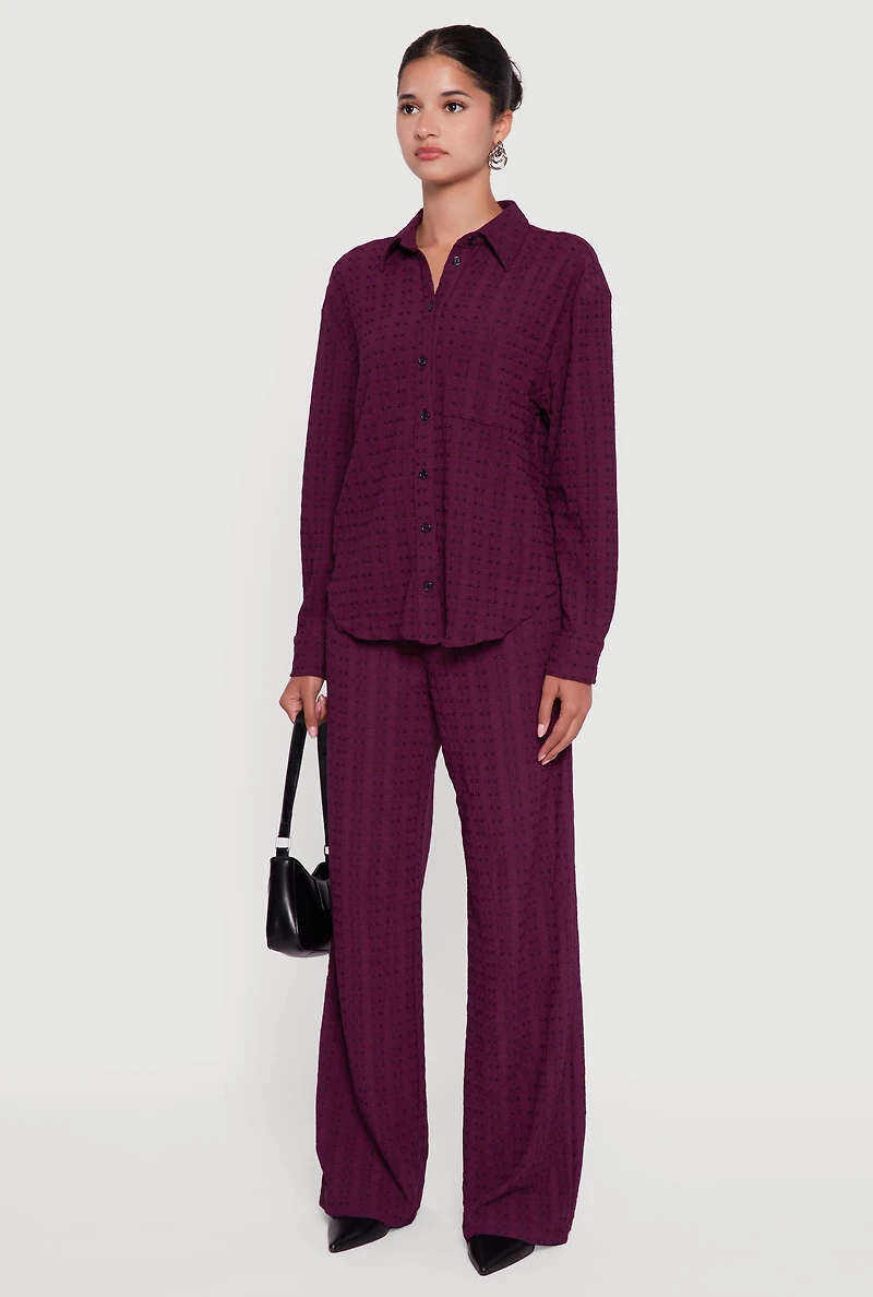 Womens Textured Knit Decorative Stitch Button Front Shirt, Purple, Size XL