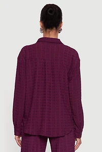 Womens Textured Knit Decorative Stitch Button Front Shirt, Purple, Size XL