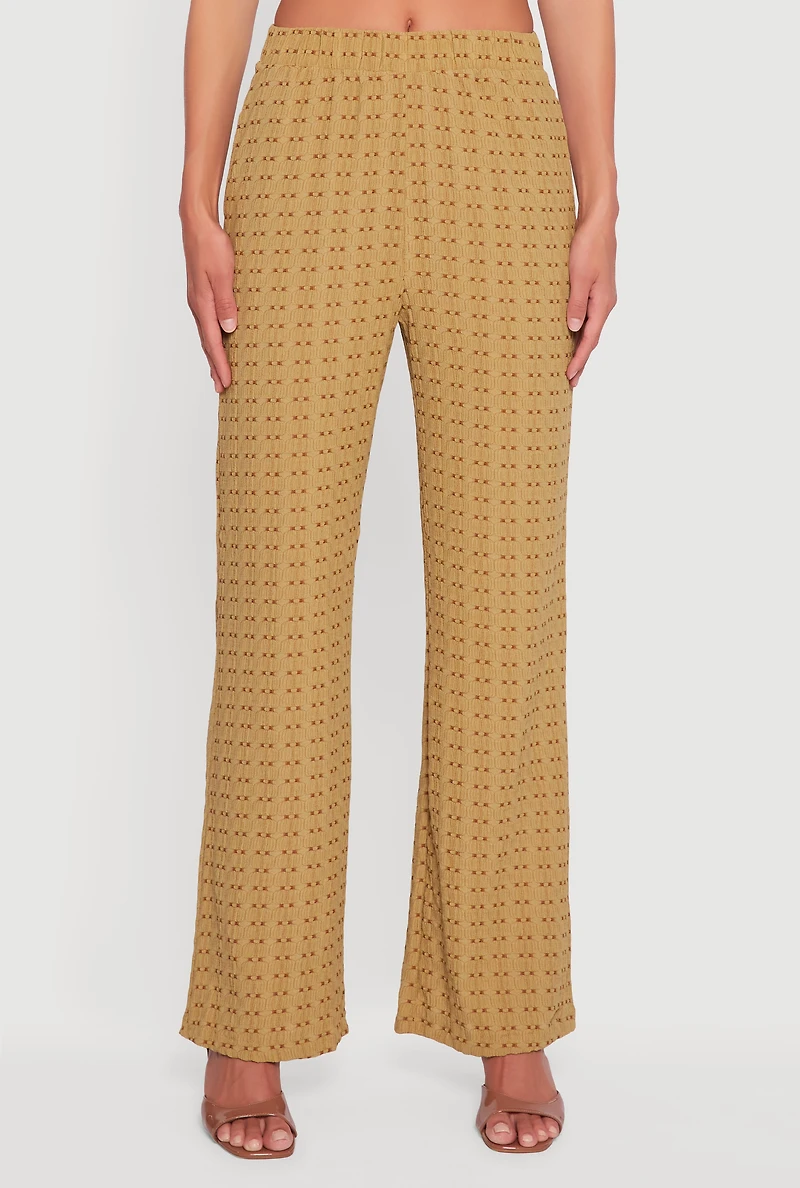 Womens Textured Knit Decorative Stitch Wide Leg Pants, Green,