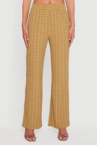Womens Textured Knit Decorative Stitch Wide Leg Pants, Green,